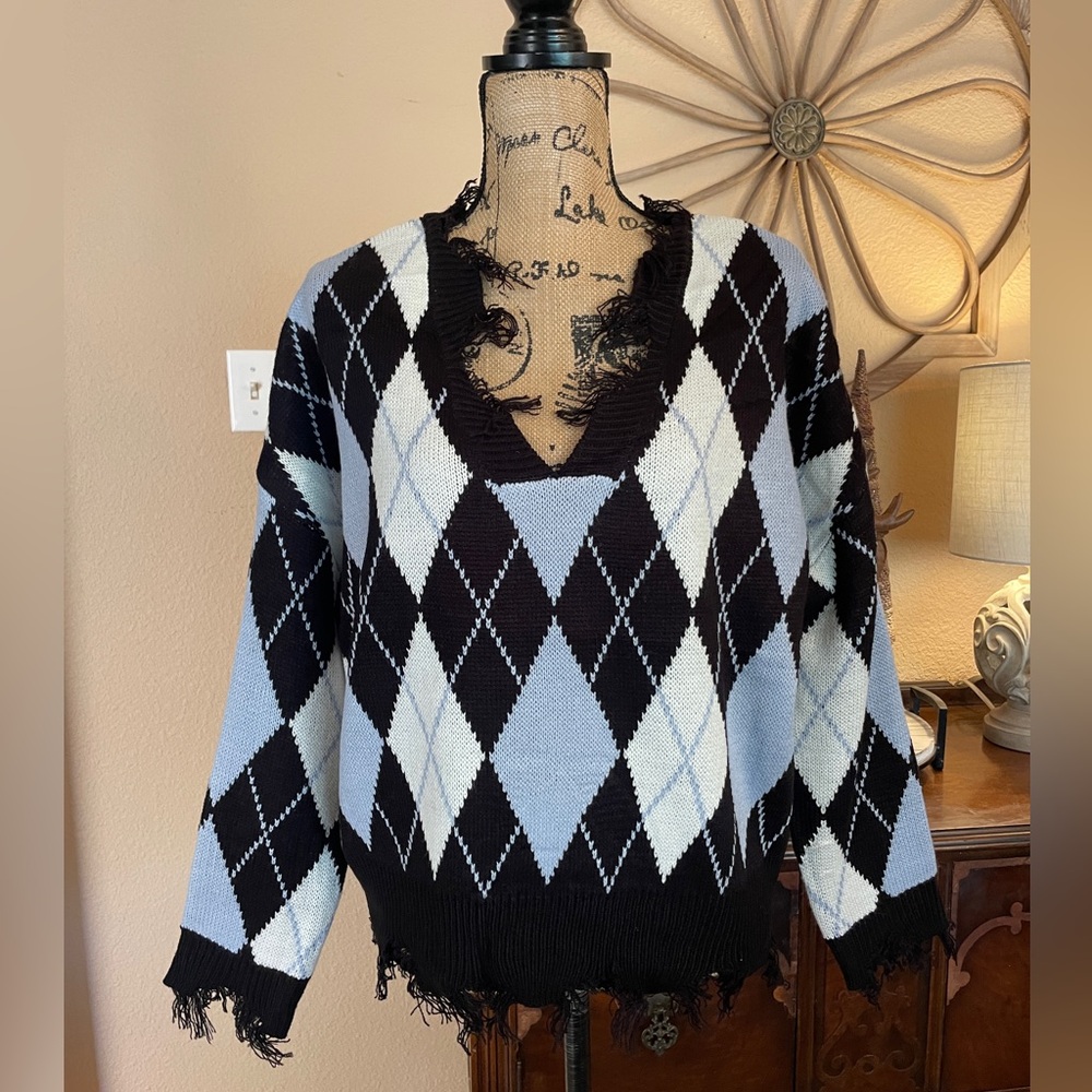 New Just Polly New York Black Argyle Sweater with
Raw Hems